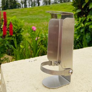 Outdoor anti-theft hand sanitizer dispenser bracket supplied by Doody Engineering